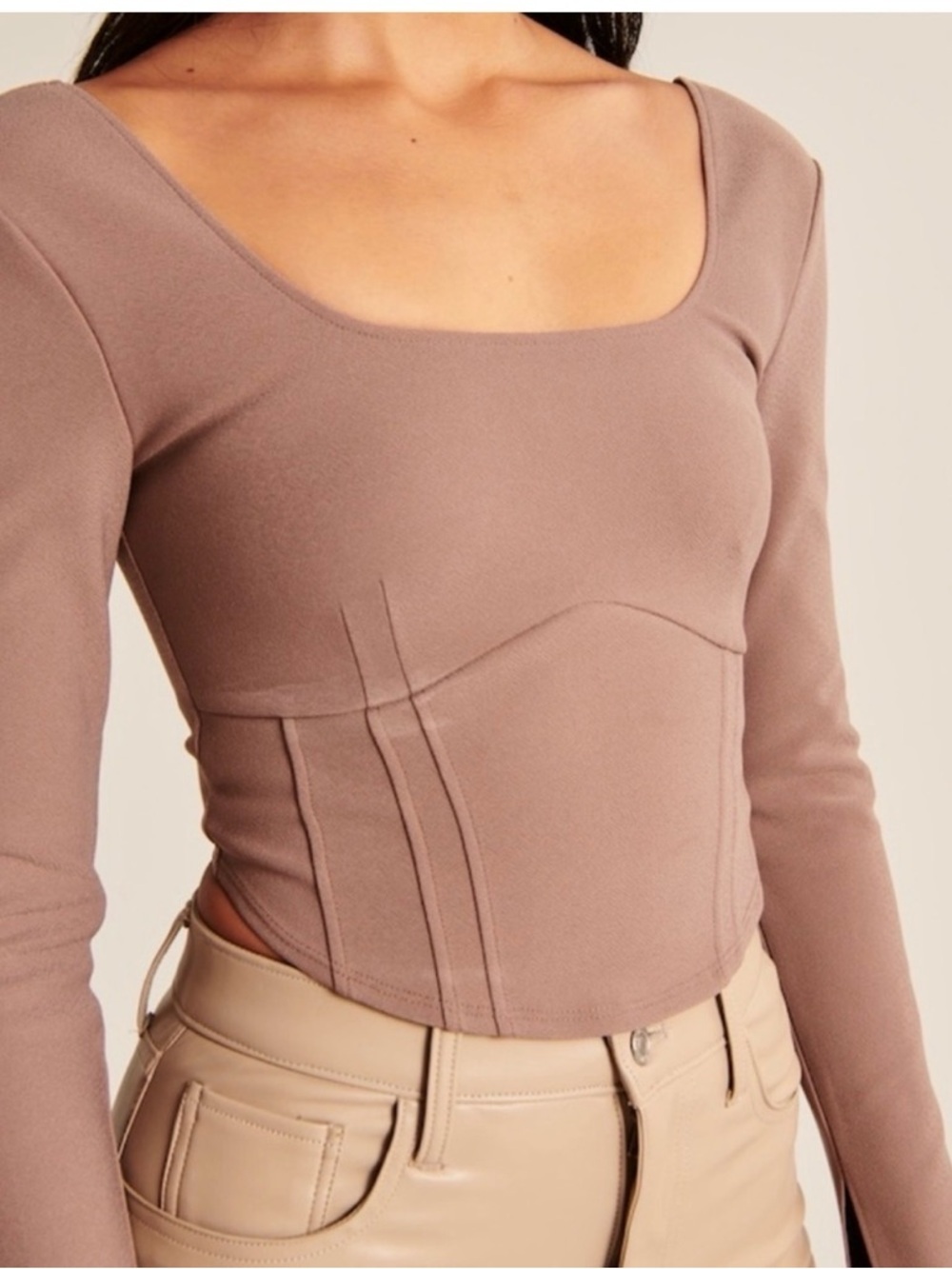 Abercrombie & Fitch Taupe Tan Corset Crop Top Long Sleeve Square Neck Small